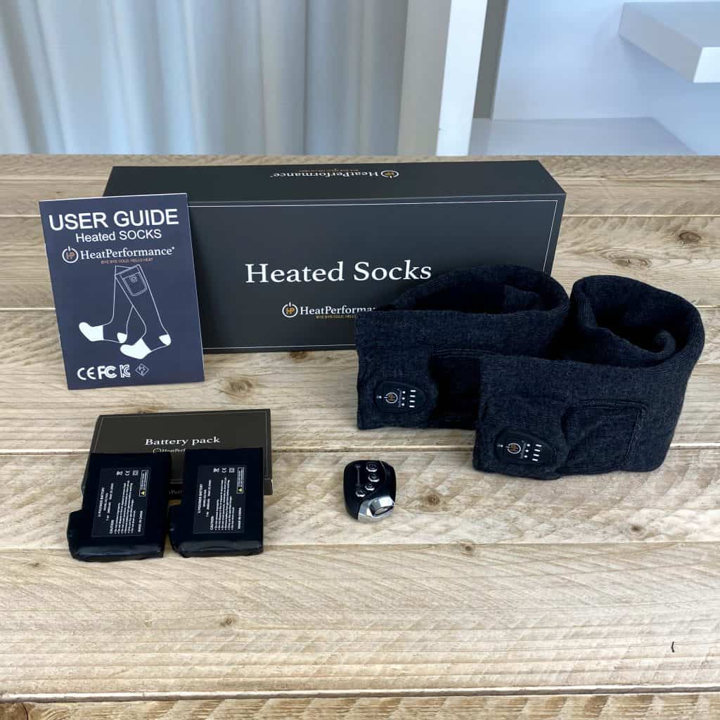 Alle onderdelen van verwarmde sokken.