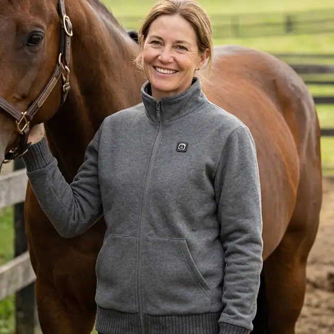 Vrouw met verwarmd vest houdt een paard vast.