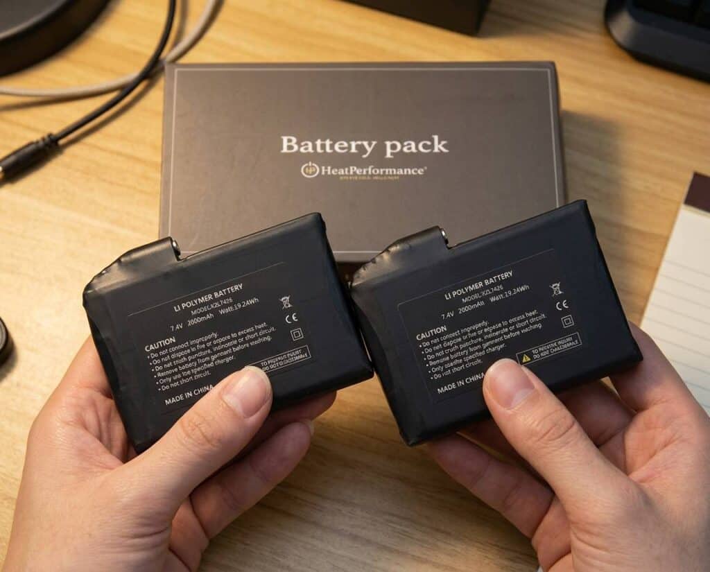 Ion-lithium batterijen voor verwarmde producten. Twee handen houden de batterijen vast.