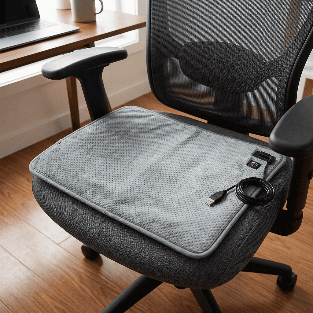 Verwarmd zitkussen van HeatPerformance op een bureaustoel.