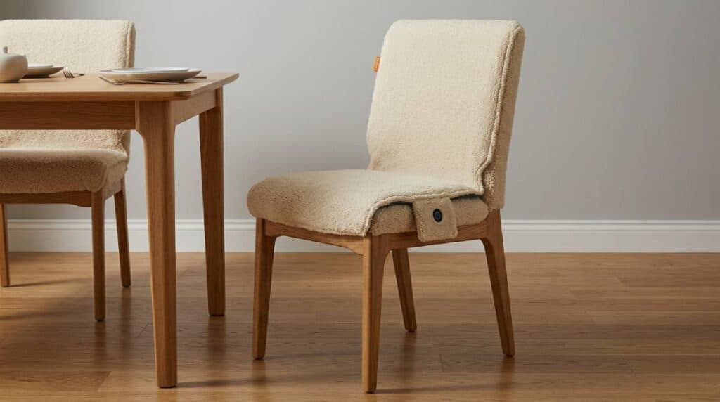 Verwarmd zitdeken op een eetkamerstoel.