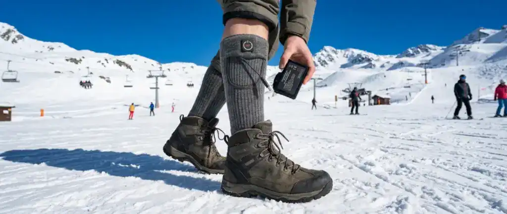 Man houdt batterij vast en draagt verwarmde sokken in de sneeuw.