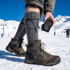 Verwarmde sokken in een wandelschoen. Man in de sneeuw houdt batterij vast.