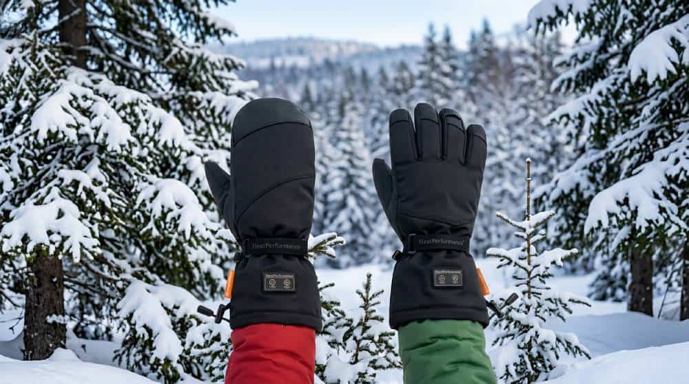 Afbeelding van verwarmde want en verwarmde handschoen in een winterse omgeving.