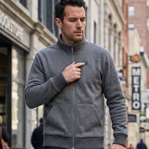 Man met verwarmd vest wandelt over straat.