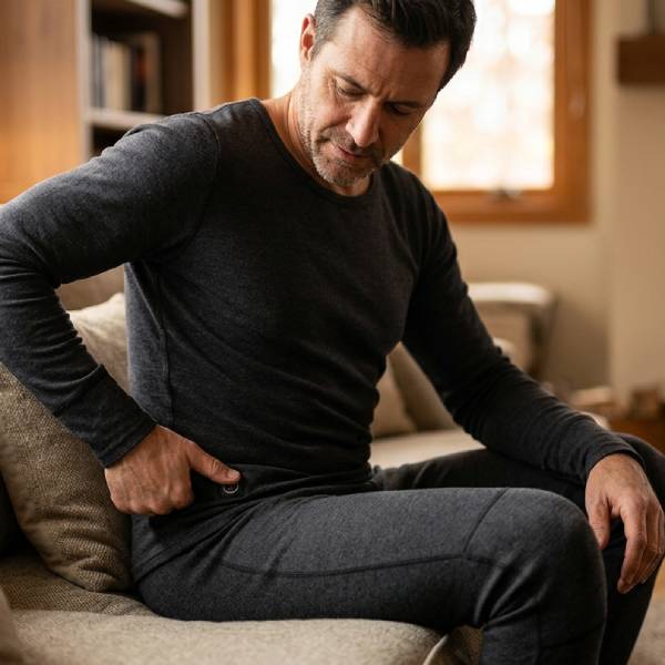 Man met verwarmde onderkleding zit op een bank en drukt op de aan/uit knop van de verwarmde broek.