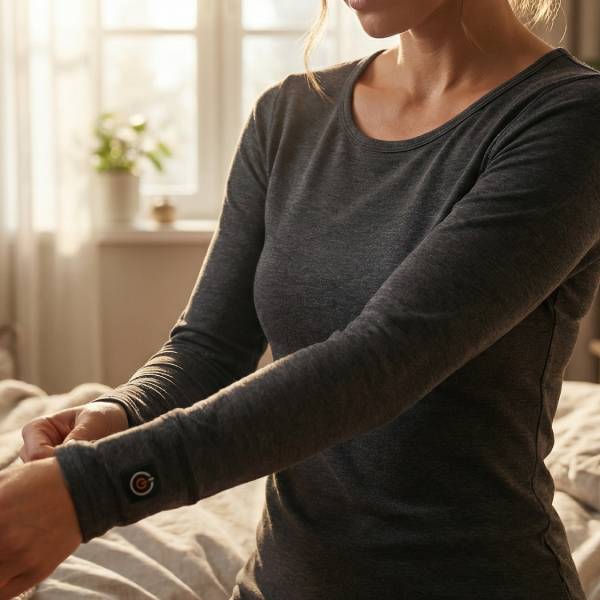 Vrouw op bed draagt een verwarmd shirt.