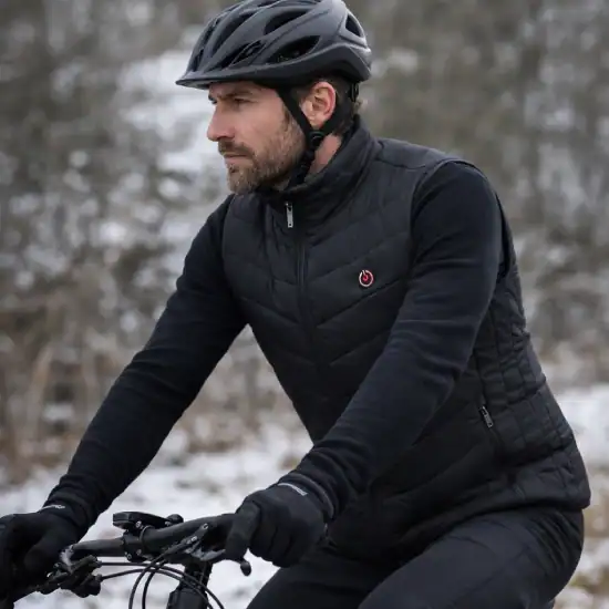 Man aan het fietsen met een verwarmde bodywarmer.